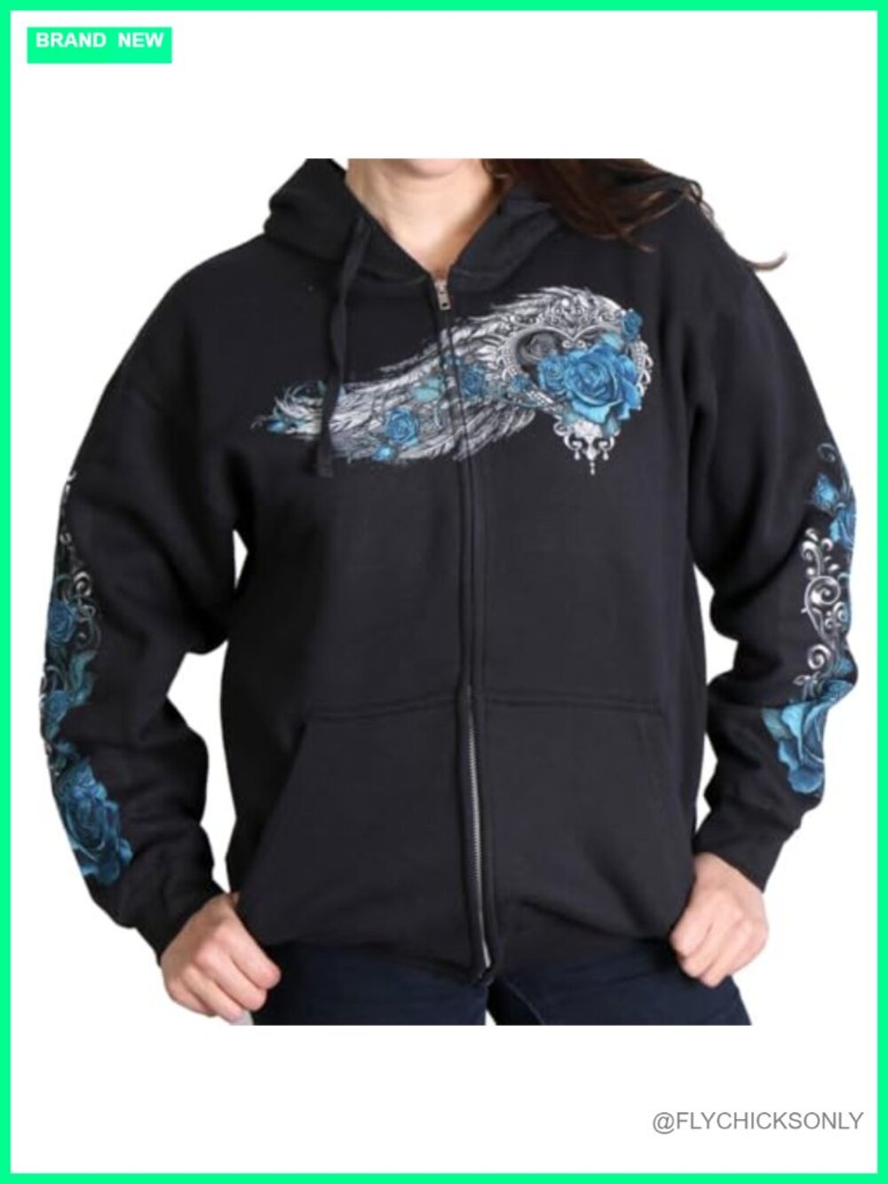 Zip-Up Graphic Hooded Sweatshirt with Angel Wings and Roses